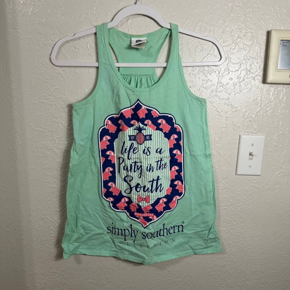Simply Southern Mint Green Life is a Party in the South Elephant Tank Top Small